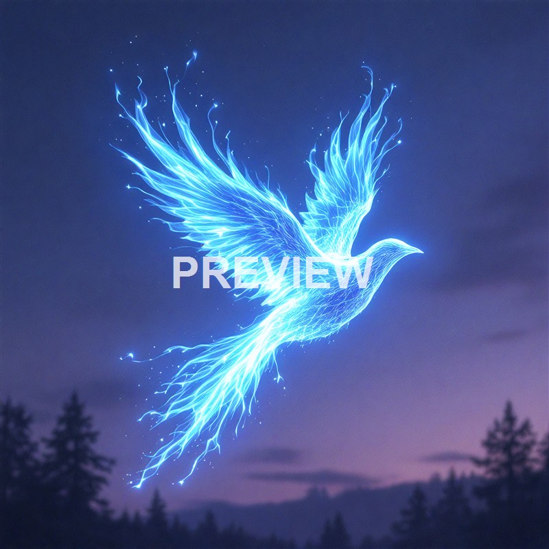 A digital illustration of a bird, resembling a phoenix, composed of bright blue, lightning-like streaks and glowing lines, soaring against a dark sky with silhouettes of trees in the background.